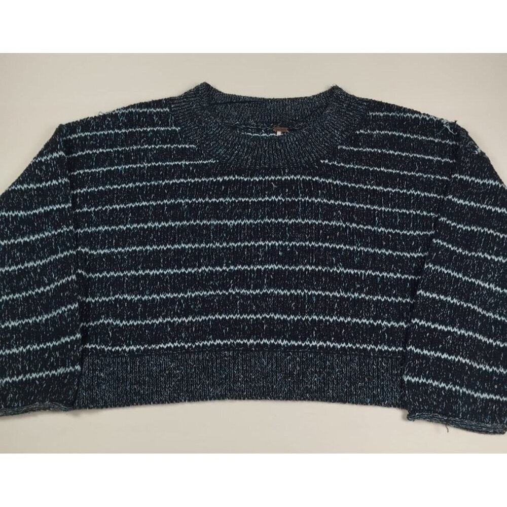 Free People Women M Blue Striped Cropped Crewneck Sweater Chunky Knit Boho